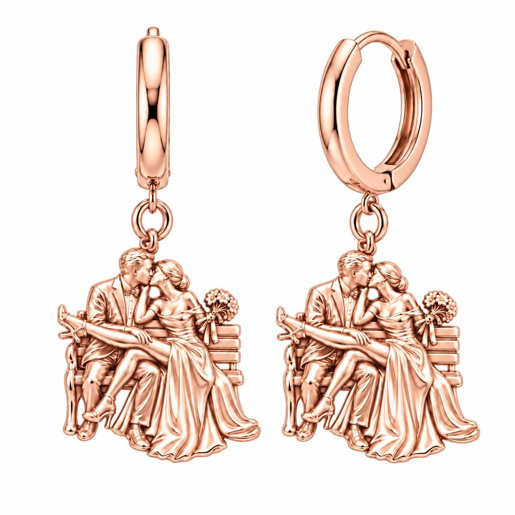 Park Bench Wedding Kiss Huggie Charm Earrings – rose gold, front view