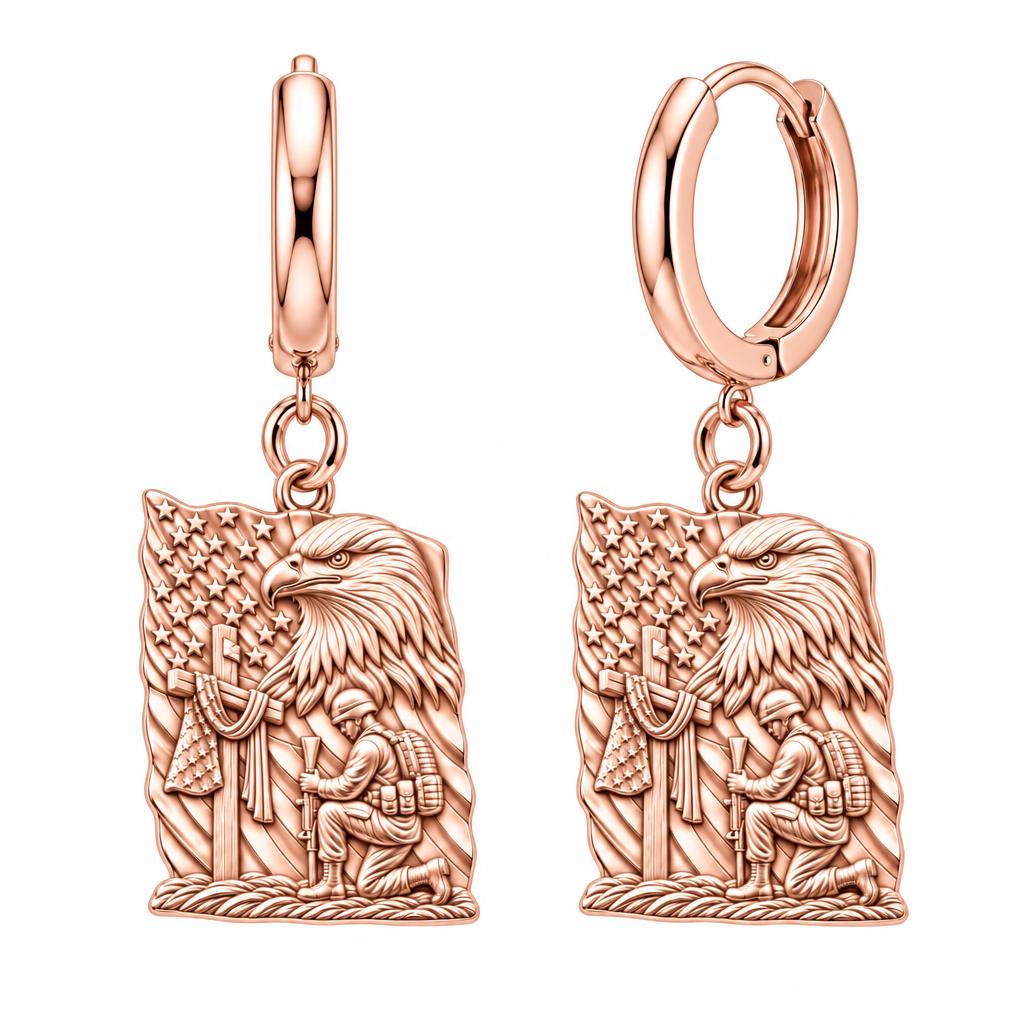 Patriot Kneeling in Prayer Huggie Charm Earrings – rose gold, front view