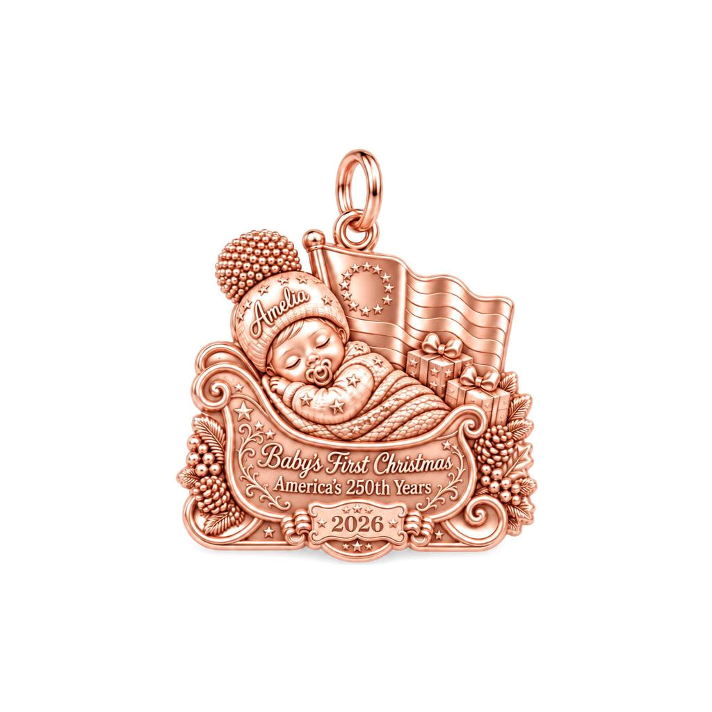 Patriotic Baby Sleigh Charm Bracelet – Personalized Mom Gift – rose gold 2 cm charm, front view