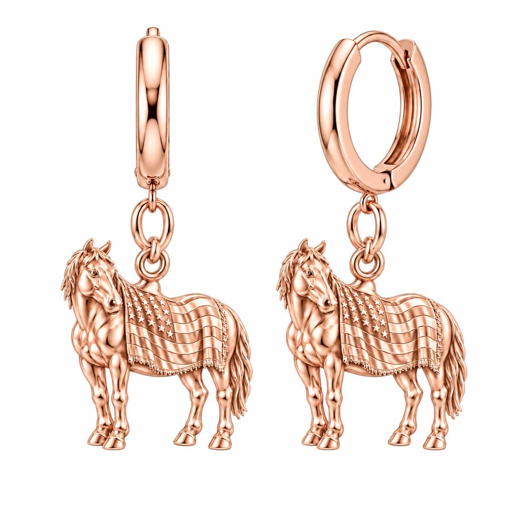 Patriotic Spirit Horse Huggie Charm Earrings – rose gold, front view