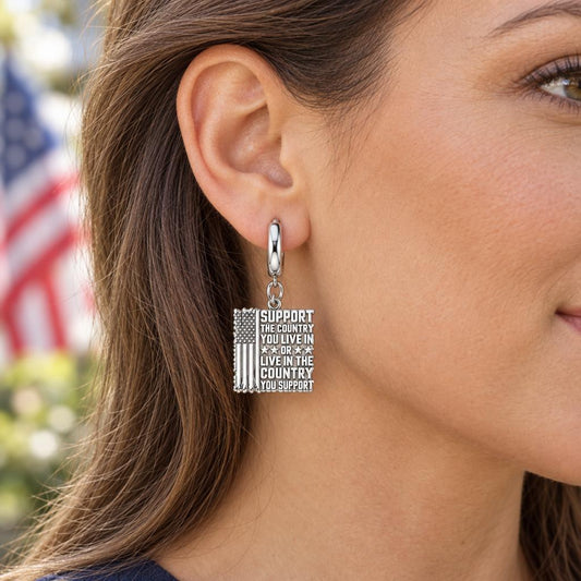 Patriotic Support Flag Huggie Charm Earrings – worn / in use