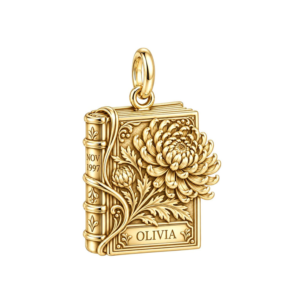 Personalized November Chrysanthemum Birth Flower Book Charm