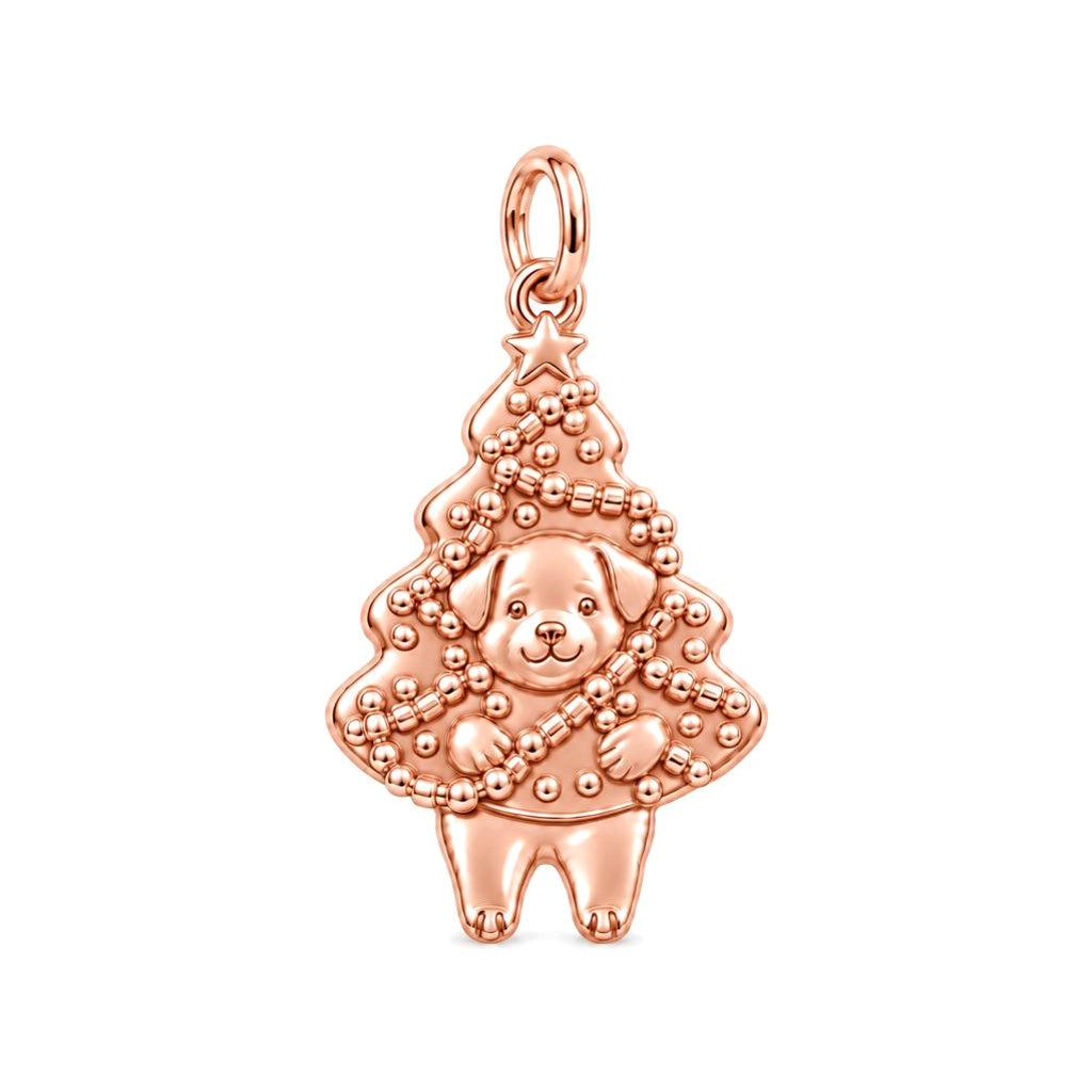 Puppy Christmas Tree Charm Bracelet – Personalized Dog Mom Gift – rose gold charm, front view