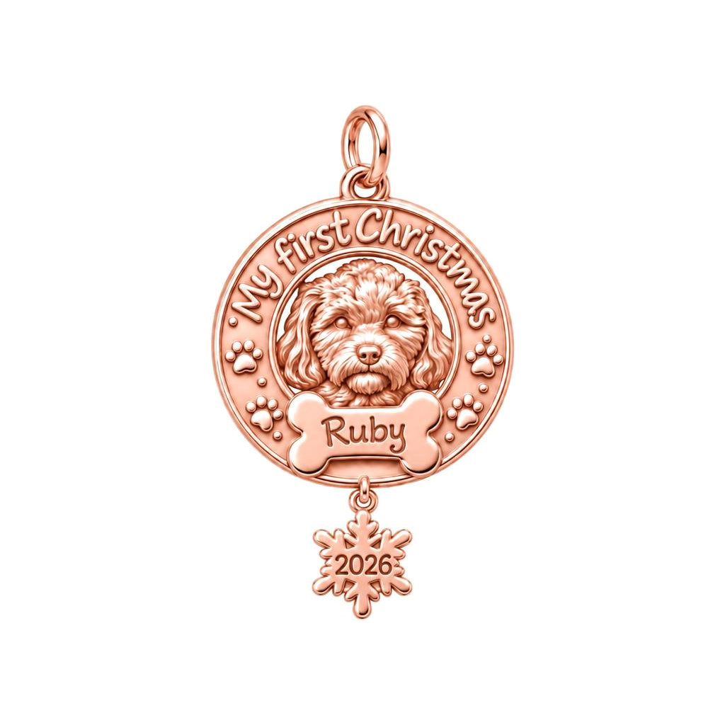 Puppy's First Christmas Charm Bracelet – Personalized Dog Mom Gift – rose gold 2 cm charm, front view