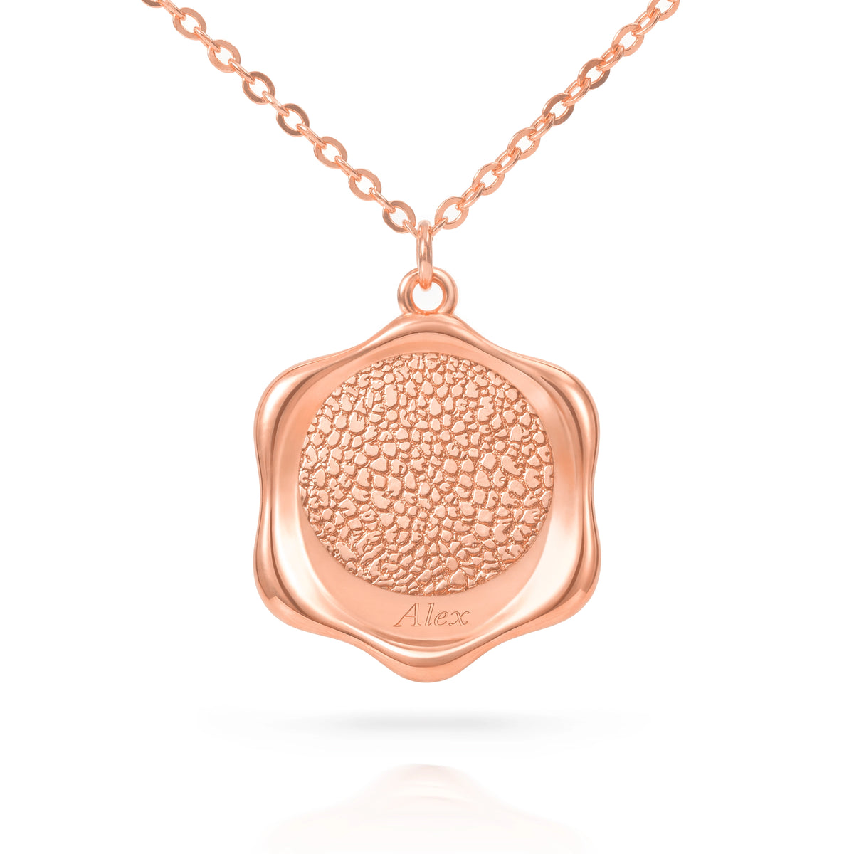 Rose gold finish of the personalized pet nose necklace featuring a unique scalloped border design.