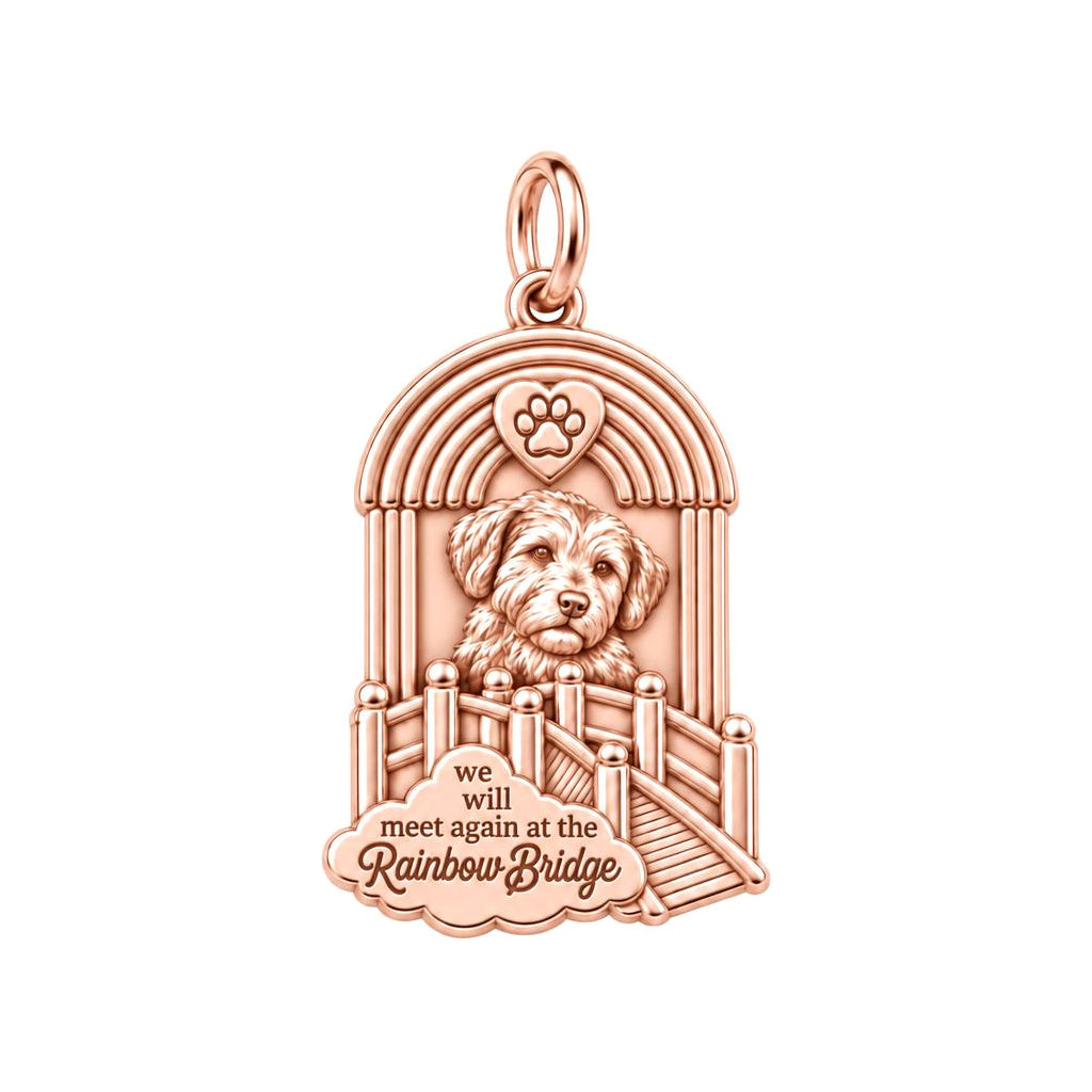 Rainbow Bridge Memorial Charm Bracelet – Personalized Pet Gift – rose gold 2 cm charm, front view