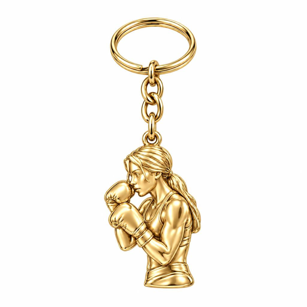Resilient Female Boxer Charm Keychain – 18K gold, front view
