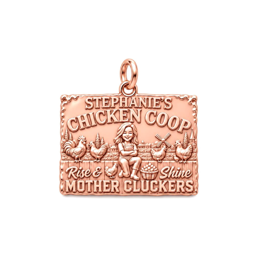 Rise and Shine Chicken Coop Charm Bracelet – Personalized Mom Gift – rose gold 3 cm charm, front view