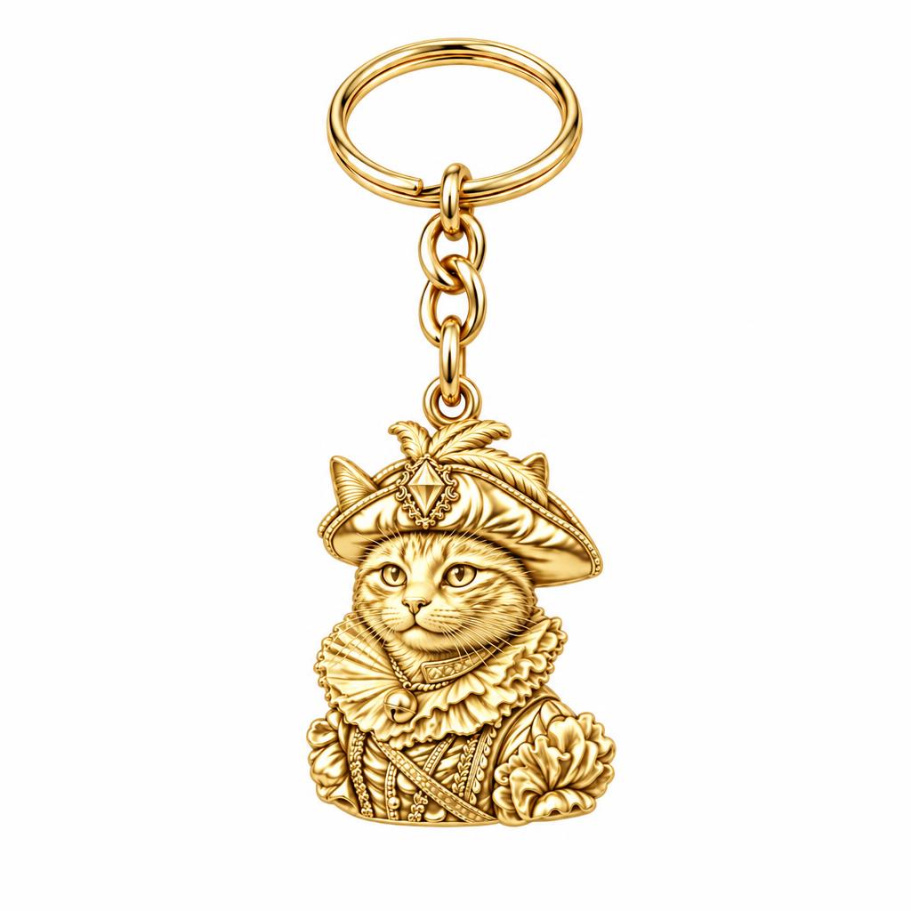 Royal Renaissance Pet Portrait Charm Keychain – 18K gold, front view