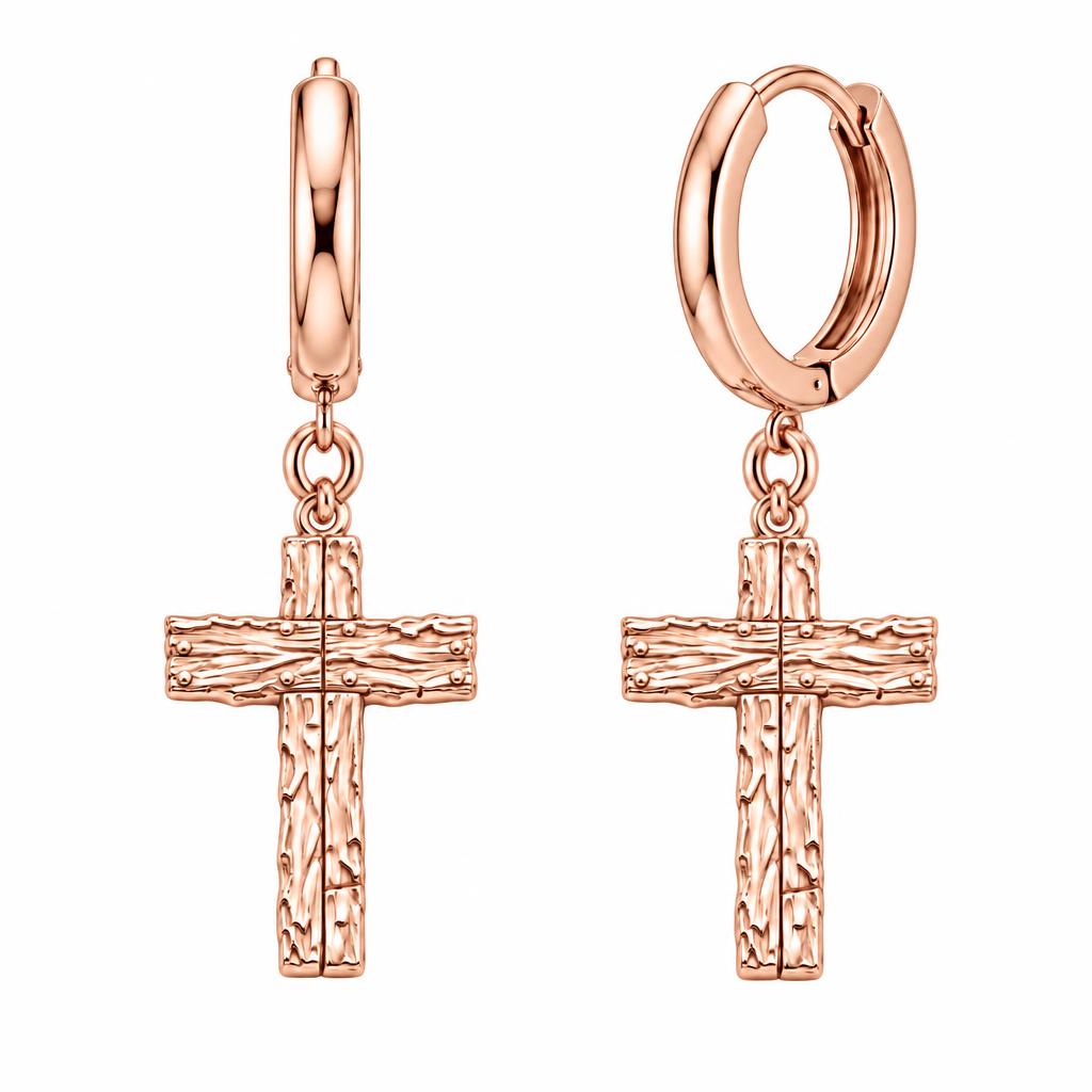 Rustic Bark Cross Huggie Charm Earrings – rose gold, front view