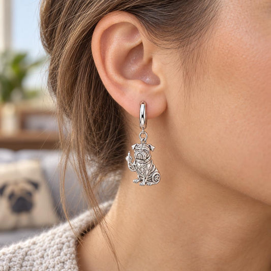 Sassy Pug Attitude Huggie Charm Earrings – worn / in use