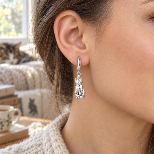 Always Close — Seated Cat Breed Huggie Charm Earrings — worn / in use