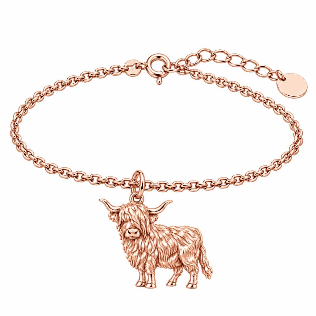 Shaggy Highland Cow Charm Bracelet Set – rose gold, front view