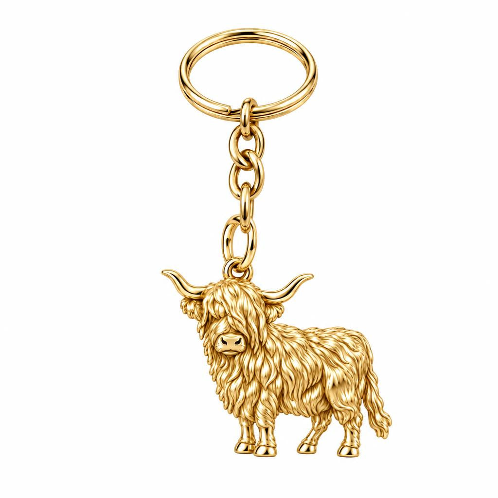 Shaggy Highland Cow Charm Keychain – 18K gold, front view