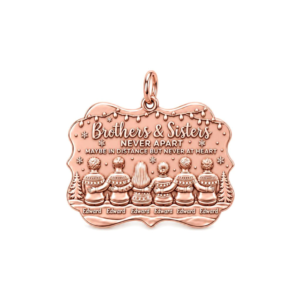 Siblings Never Apart Charm Bracelet – Personalized Sibling Gift – rose gold 3 cm charm, front view