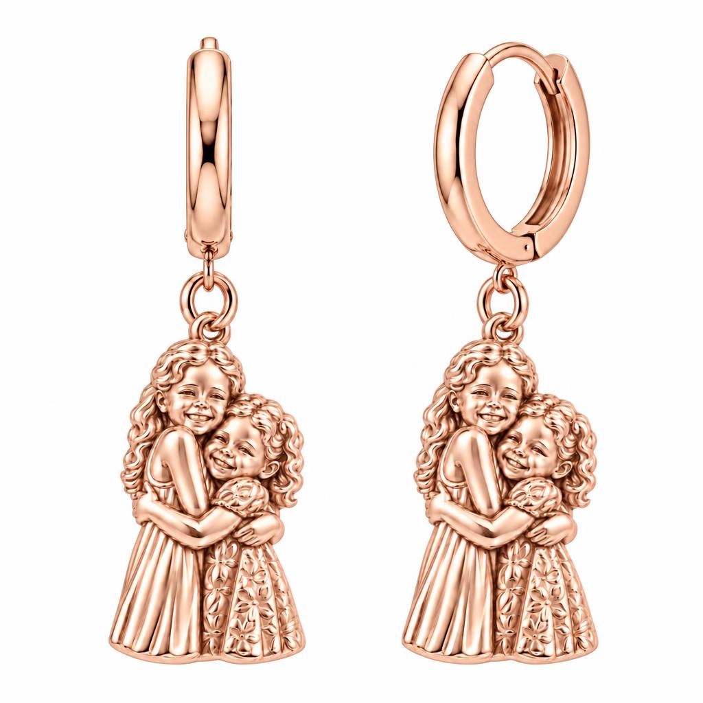 Sisterly Embrace Huggie Charm Earrings – rose gold, front view