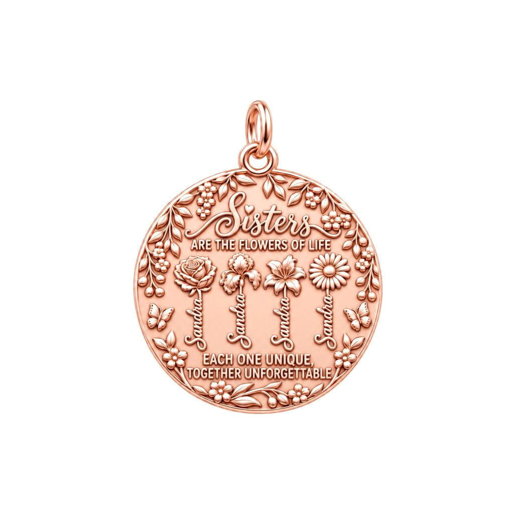 Sisters Are Flowers Charm Bracelet – Personalized Sister Gift – rose gold 3 cm charm, front view