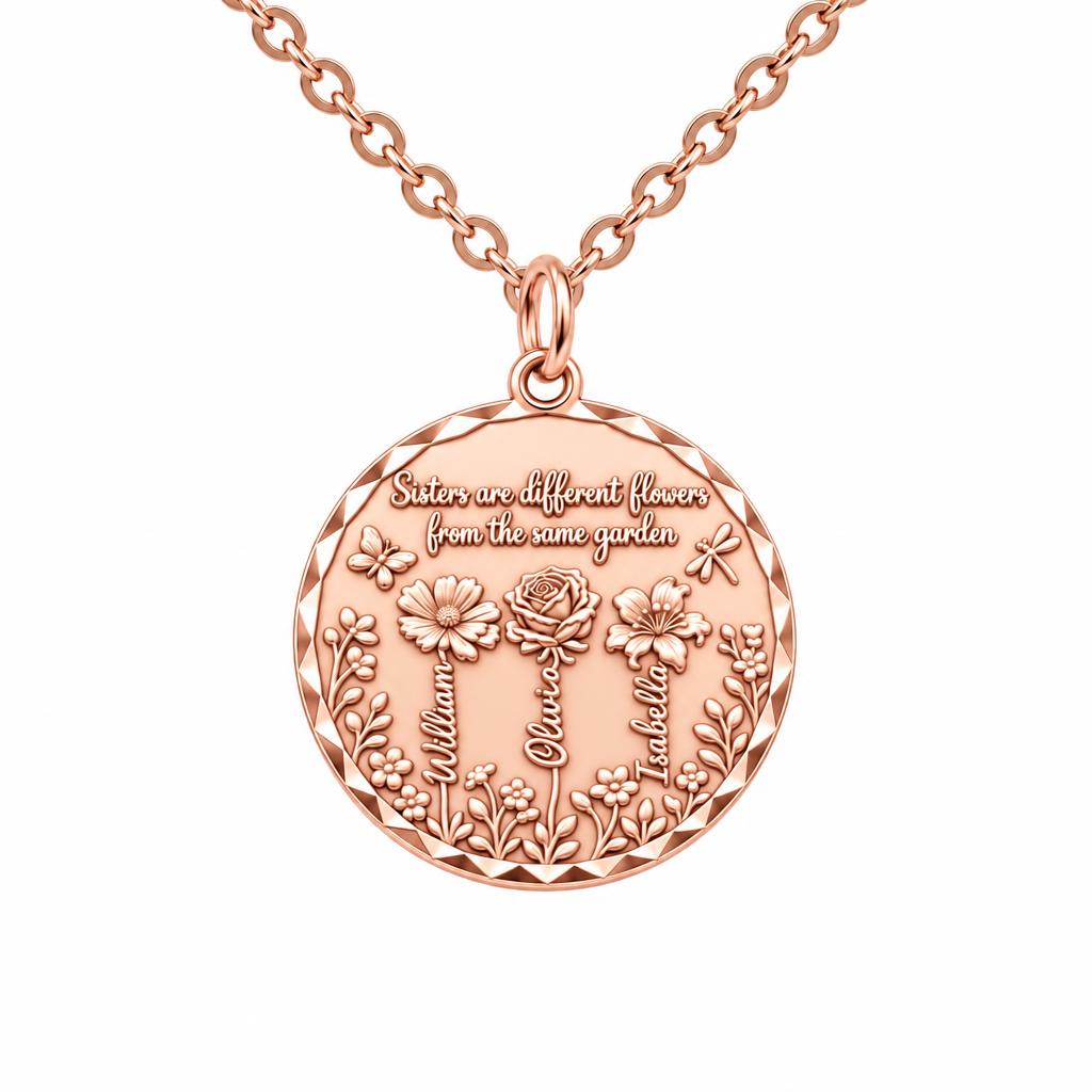 Sisters Wildflower Garden Charm Necklace Set – rose gold, front view