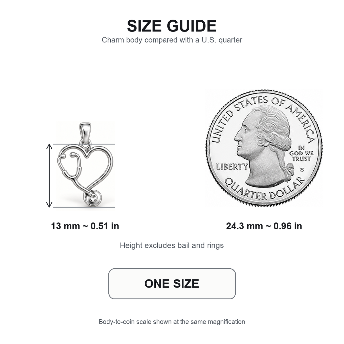 Nurse Stethoscope Heart Charm | 13 mm size guide | 92cb9f52f56ac3128a285a039fc6b002392bd5d2815d187293c4552a3a16e588
