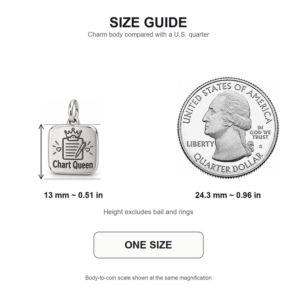Chart Queen Engraved Nurse Charm | 13 mm size guide | ad8668fb3b6650a5193bae623cc0e37ec62630912f44c92009d2d74959fd7942
