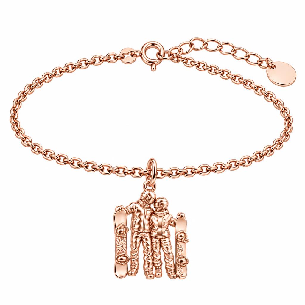 Snowboard Couple in Gear Charm Bracelet Set – rose gold, front view