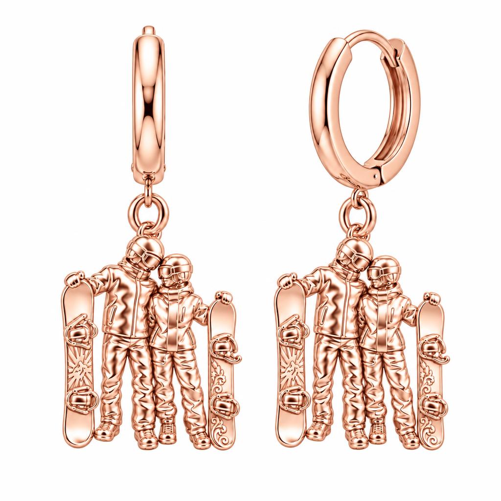 Snowboard Couple in Gear Huggie Charm Earrings – rose gold, front view