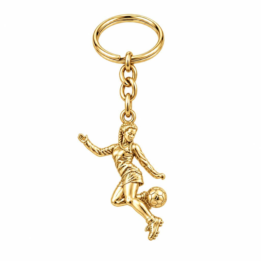 Soccer Girl in Motion Charm Keychain – 18K gold, front view