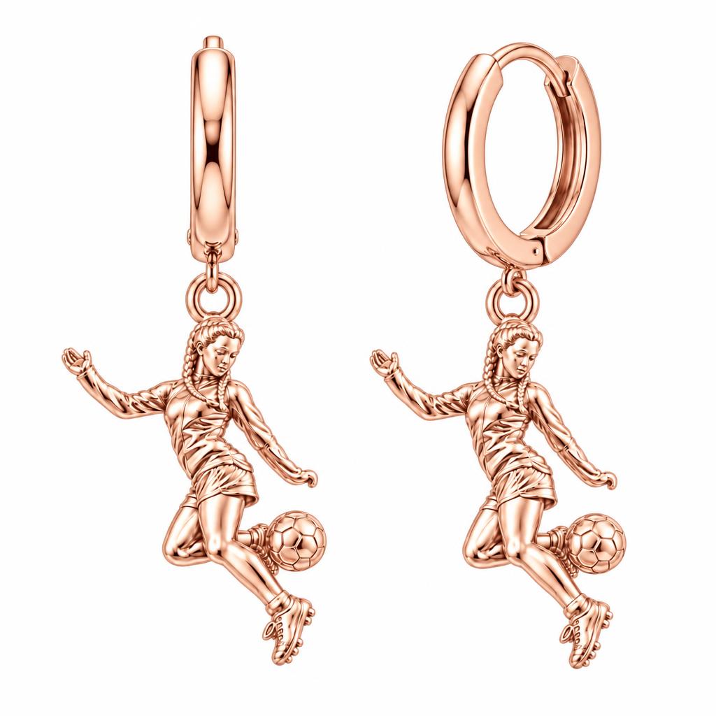 Soccer Girl in Motion Huggie Charm Earrings – rose gold, front view