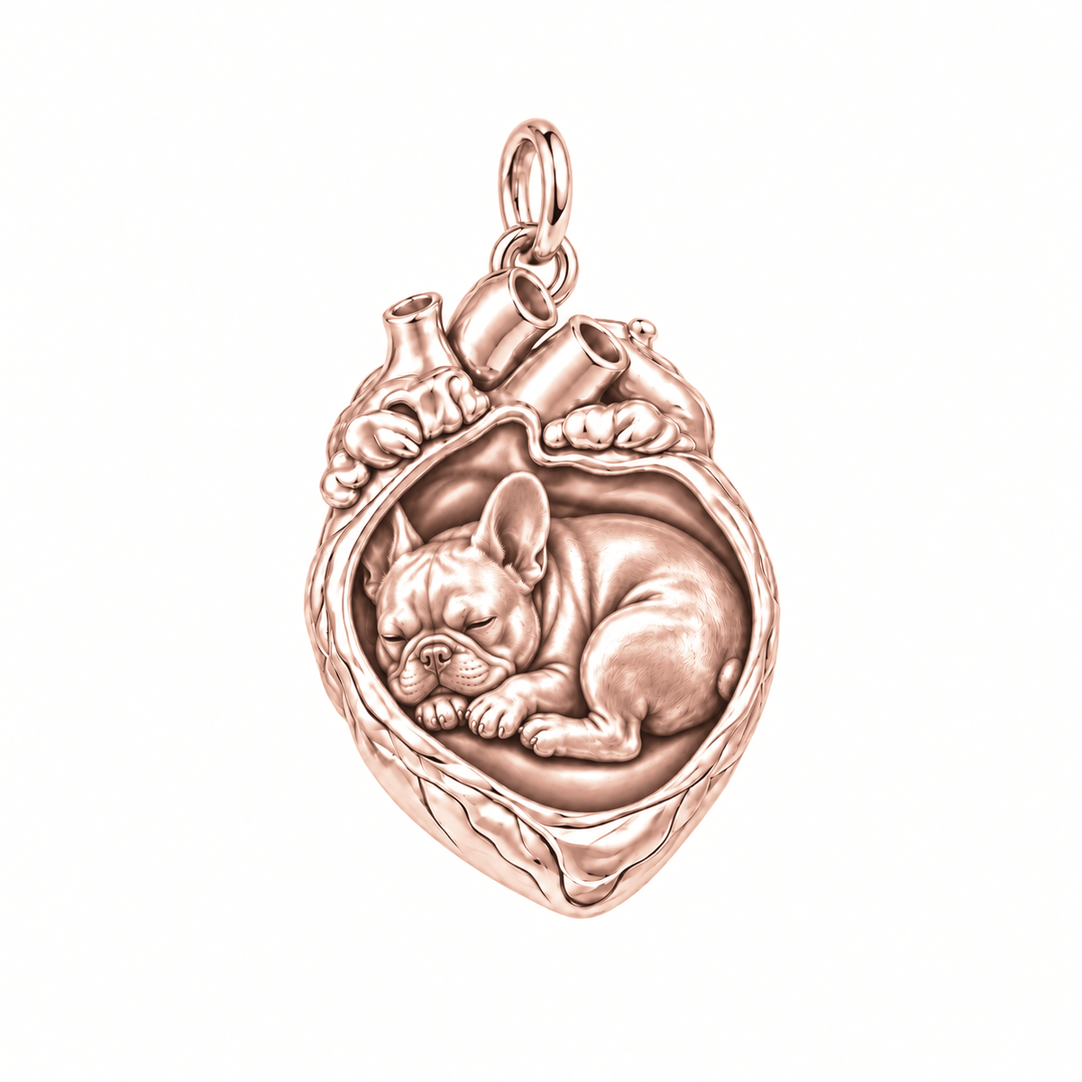 French Bulldog — In My Heart Sleeping Pet Charm and Polyester Cord Bracelet Set — Rose Gold