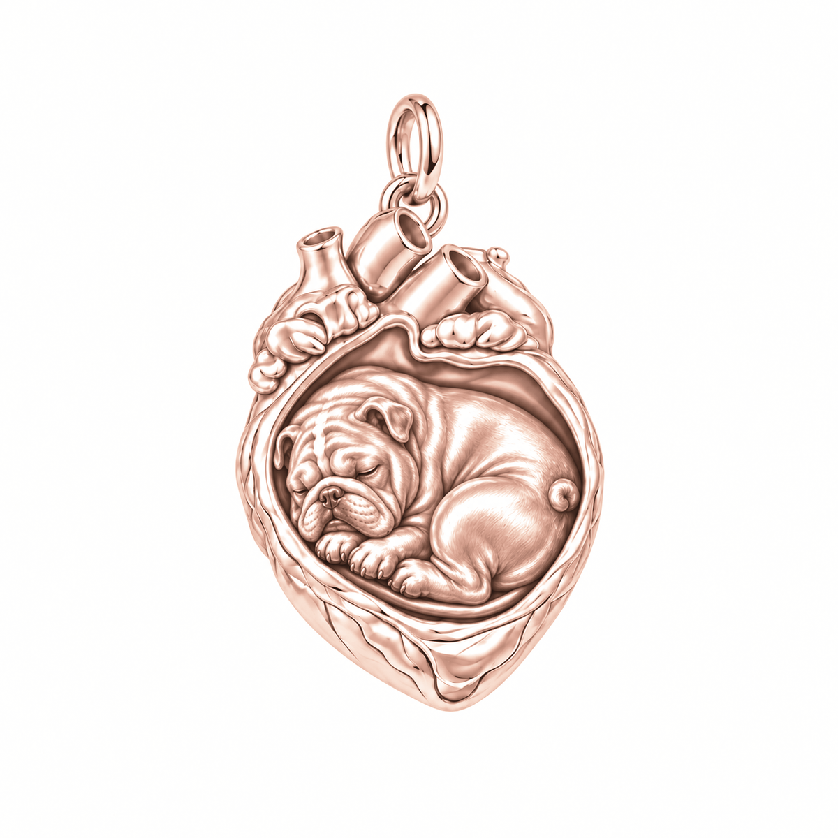 English Bulldog — In My Heart Sleeping Pet Charm and Polyester Cord Bracelet Set — Rose Gold