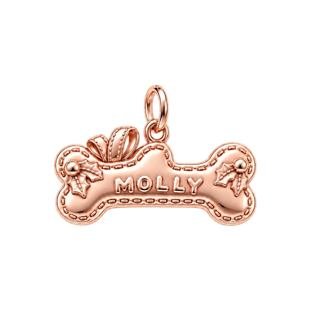 Stitched Holiday Bone Charm Bracelet – Personalized Dog Mom Gift – rose gold charm, front view