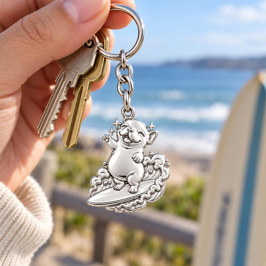 Surfing Frenchie Charm Keychain – worn / in use