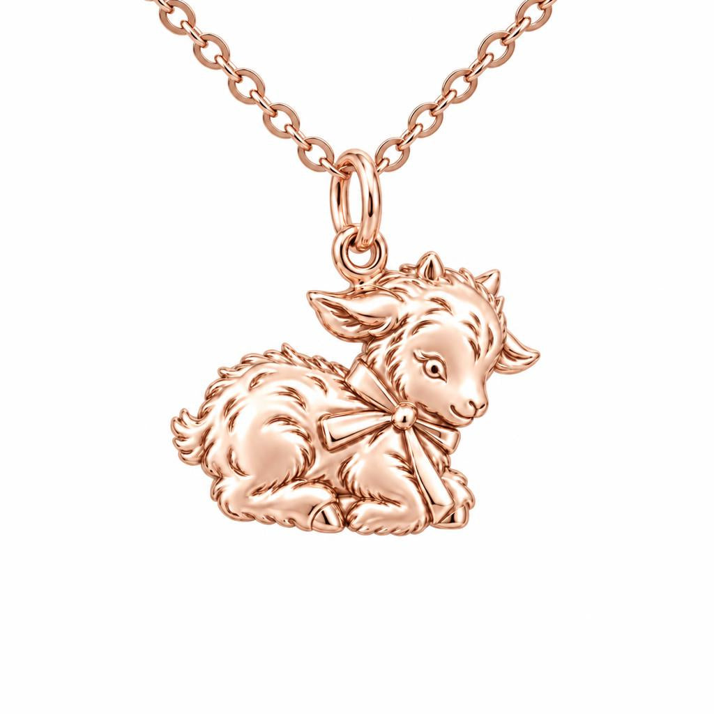 Sweet Baby Goat with Bow Charm Necklace Set – rose gold, front view