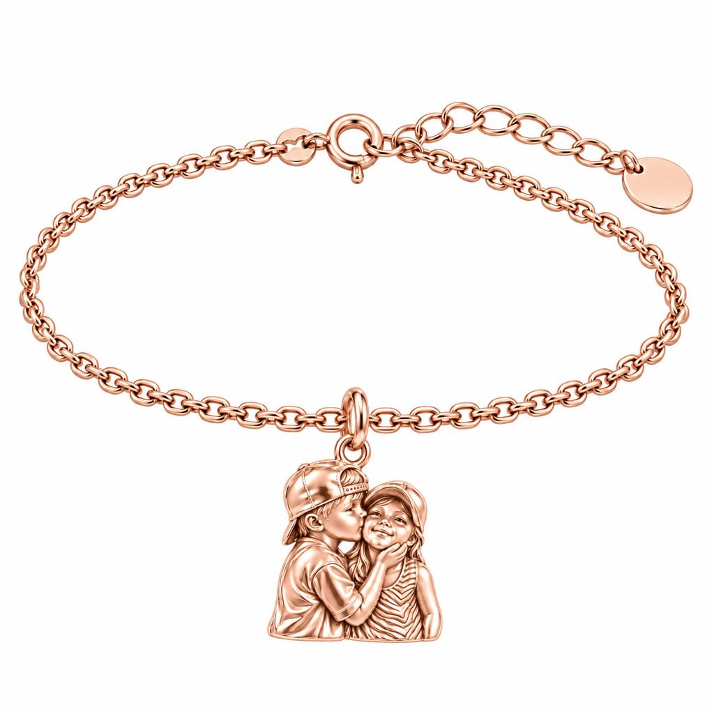 Sweet Sibling Kiss Charm Bracelet Set – rose gold, front view