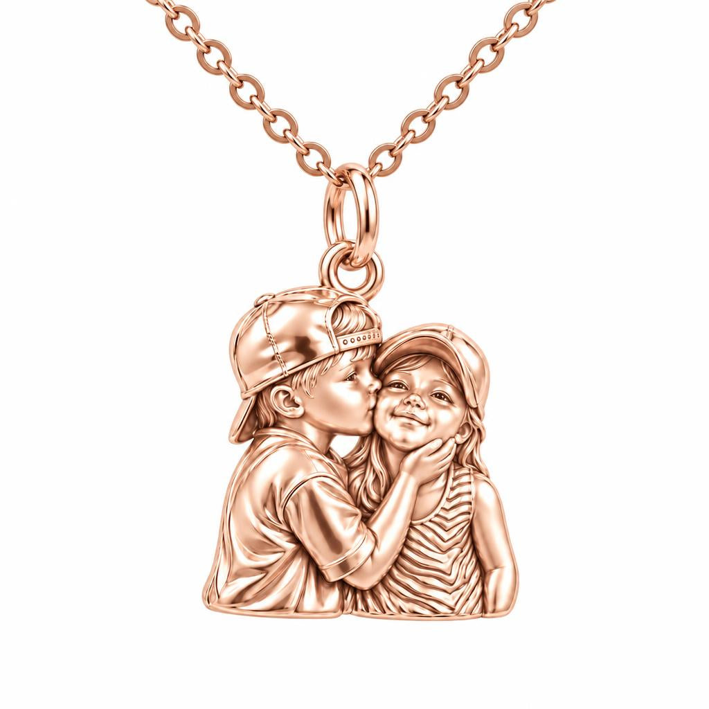 Sweet Sibling Kiss Charm Necklace Set – rose gold, front view
