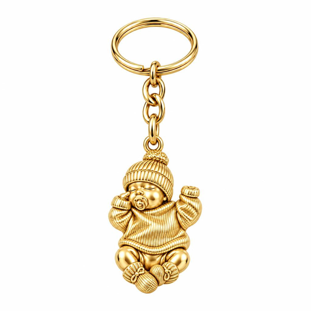 Sweet Sleeping Newborn Charm Keychain – 18K gold, front view
