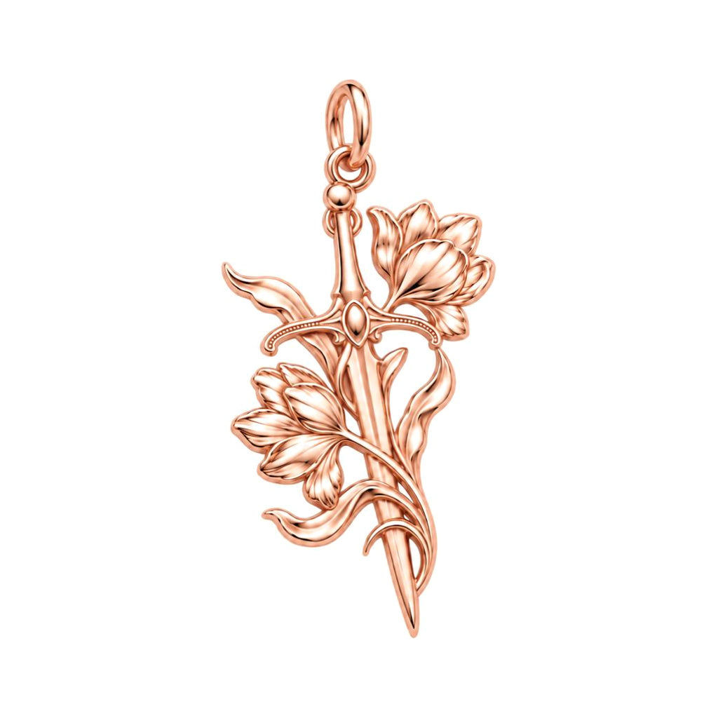 Sword and Wildflower Charm Bracelet – Personalized Gift – rose gold charm, front view