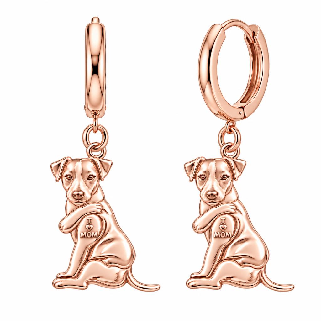 Tattooed Pup I Love Mom Huggie Charm Earrings – rose gold, front view