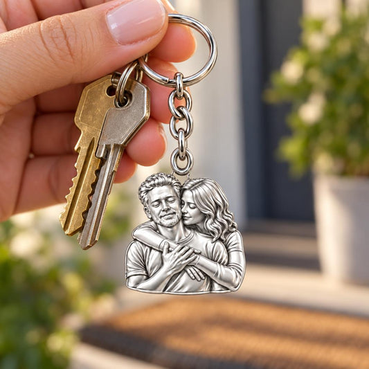 Tender Embrace Photo Charm Keychain – worn / in use
