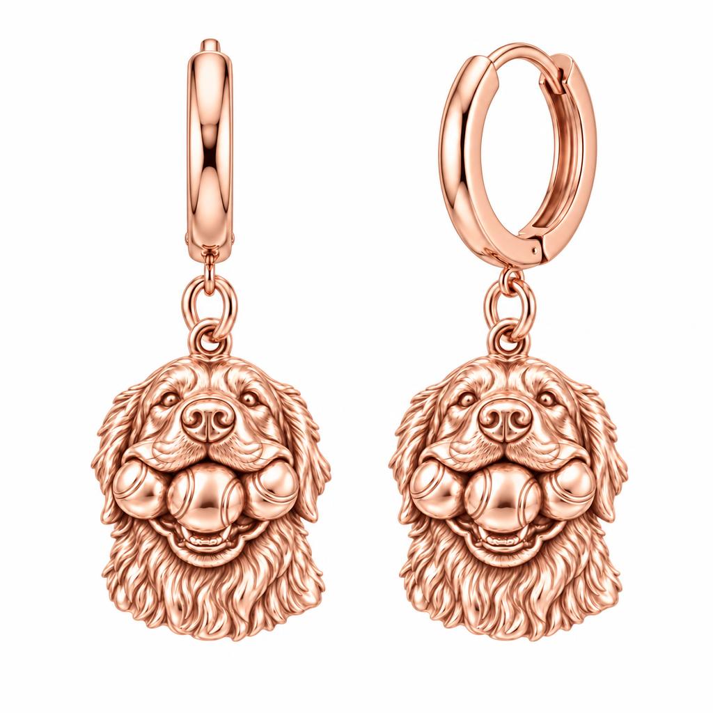 Triple Tennis Ball Golden Retriever Huggie Charm Earrings – rose gold, front view