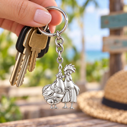 Tropical Chicken Couple Charm Keychain – worn / in use