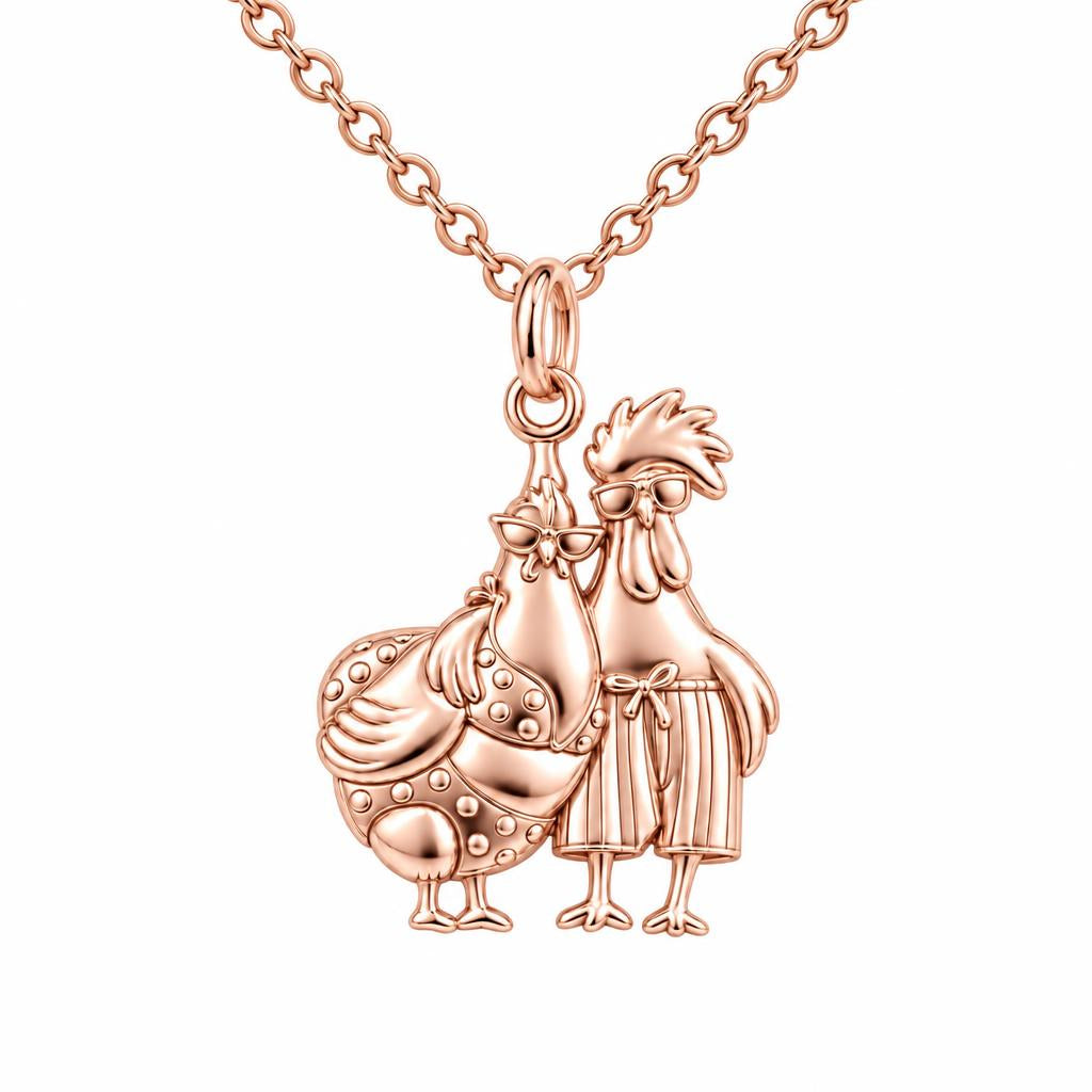 Tropical Chicken Couple Charm Necklace Set – rose gold, front view