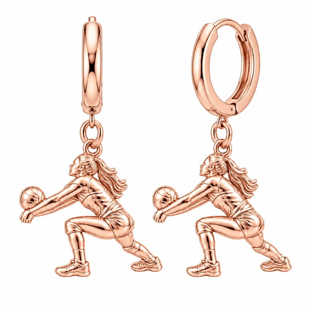 Volleyball Hitter In Action Huggie Charm Earrings – rose gold, front view
