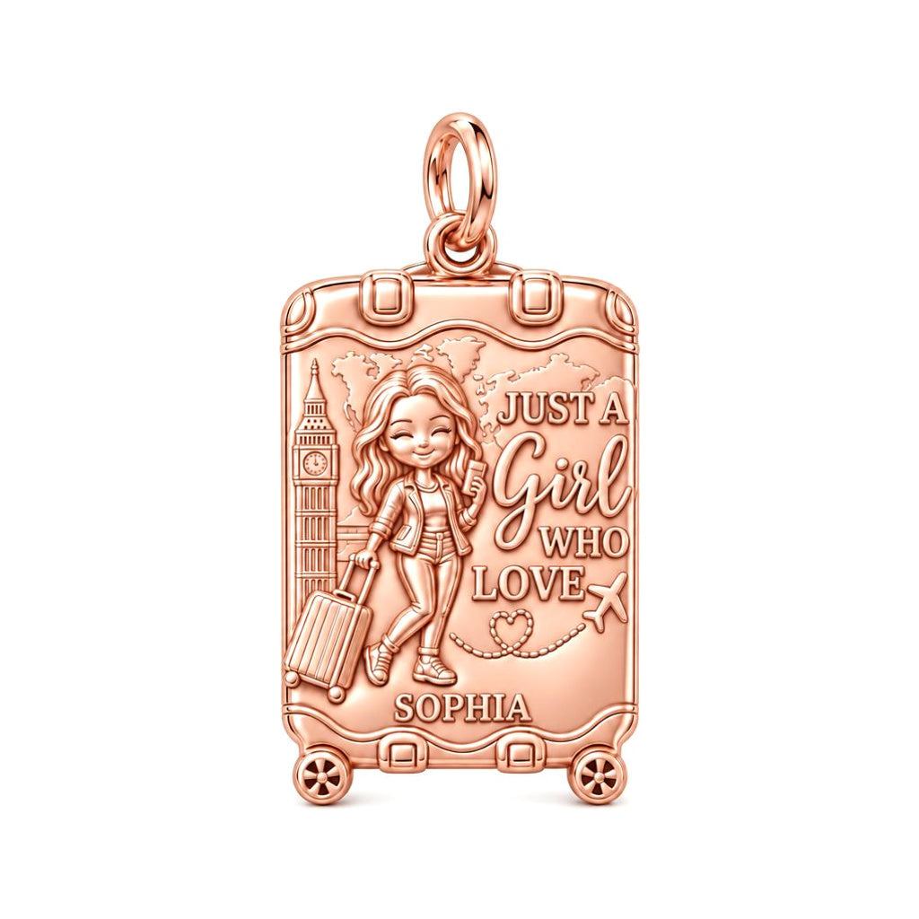 Wanderlust Suitcase Charm Bracelet – Personalized Traveler Gift – rose gold 3 cm charm, front view