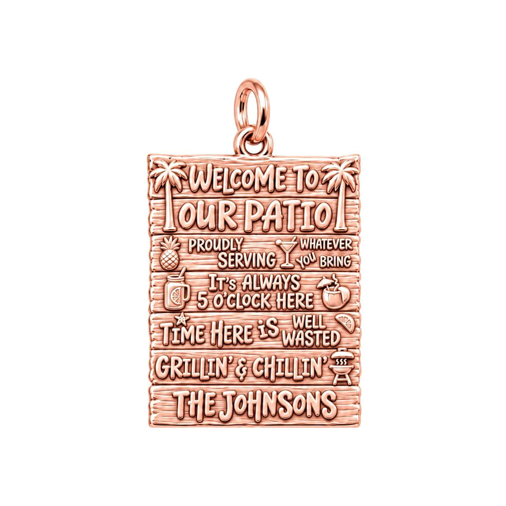 Welcome To Our Patio Charm Bracelet – Personalized Couple Gift – rose gold 3 cm charm, front view