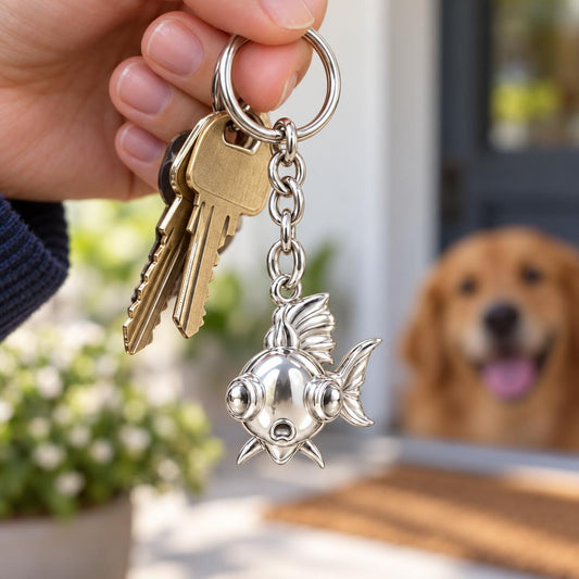 Wide Eyed Goldfish Charm Keychain – worn / in use
