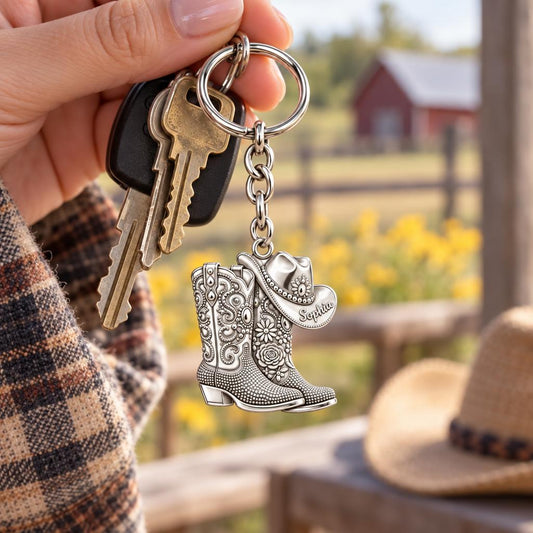 Wildflower Cowgirl Boots Charm Keychain – worn / in use