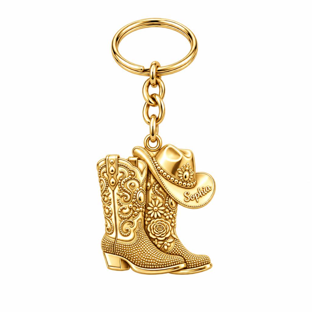 Wildflower Cowgirl Boots Charm Keychain – 18K gold, front view