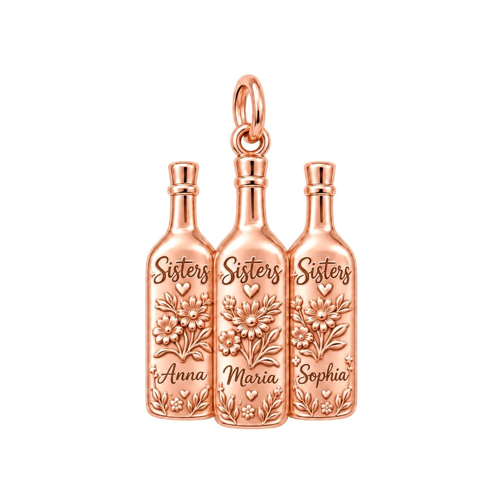 Wildflower Wine Bottles Charm Bracelet – Personalized Sister Gift – rose gold 3 cm charm, front view