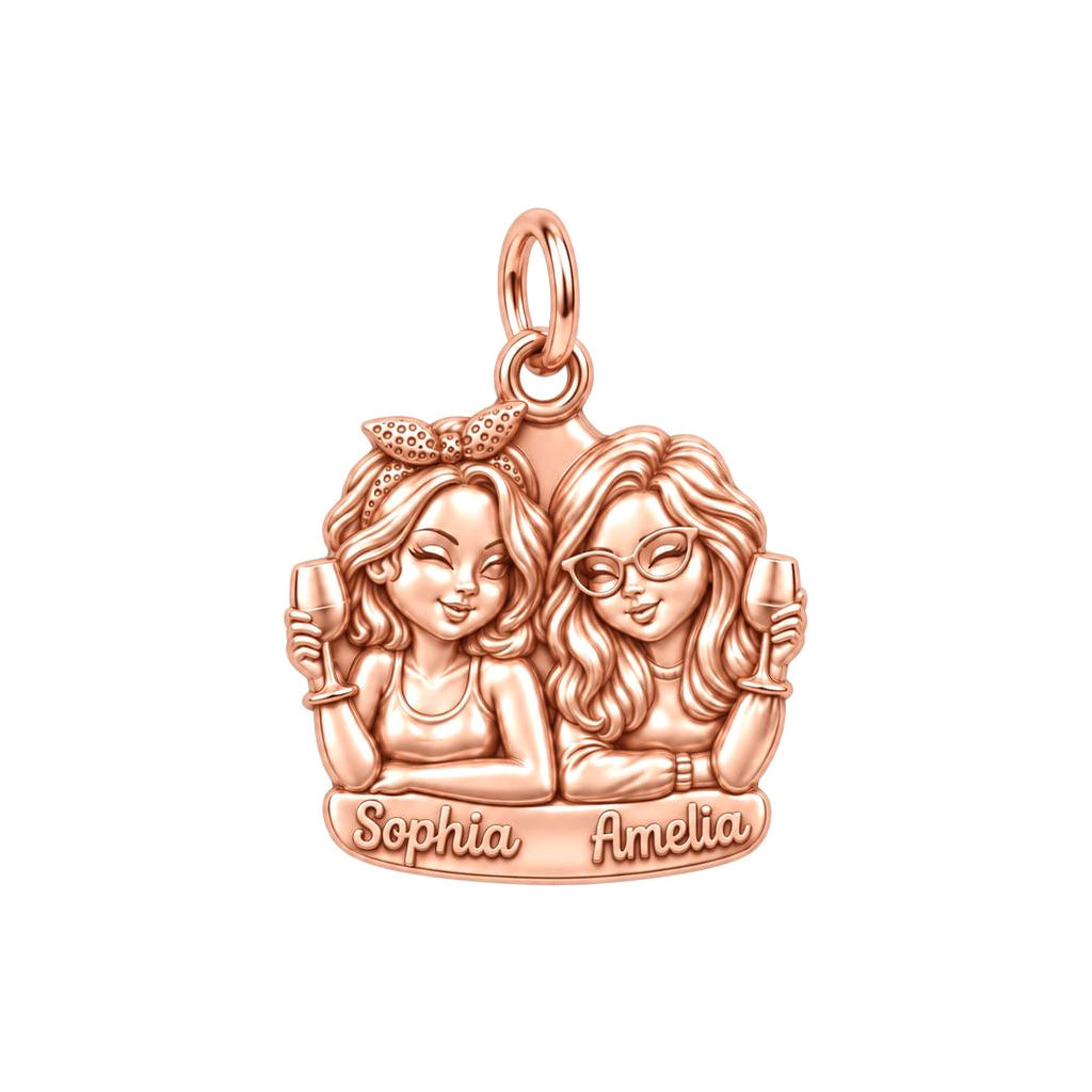 Wine Night Besties Charm Bracelet – Personalized Friend Gift – rose gold 2 cm charm, front view